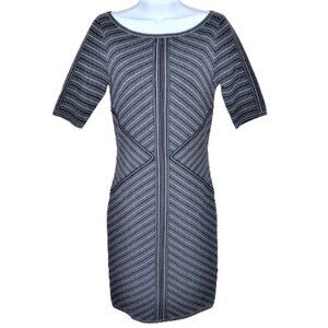 Cache Striped Knit Bodycon Dress Small Black Gray 3/4 Sleeve Back Zip Stretch